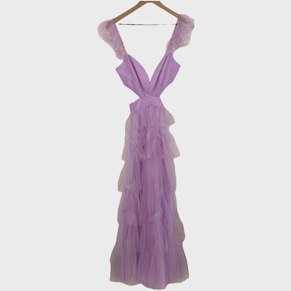 NEW Mac Duggal Lilac Ruffle Tiered Maxi Dress with Criss Cross Open Back NWT 4 - Picture 5 of 14